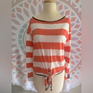 Orange and White Stripped Long Sleeve Tie Front Top